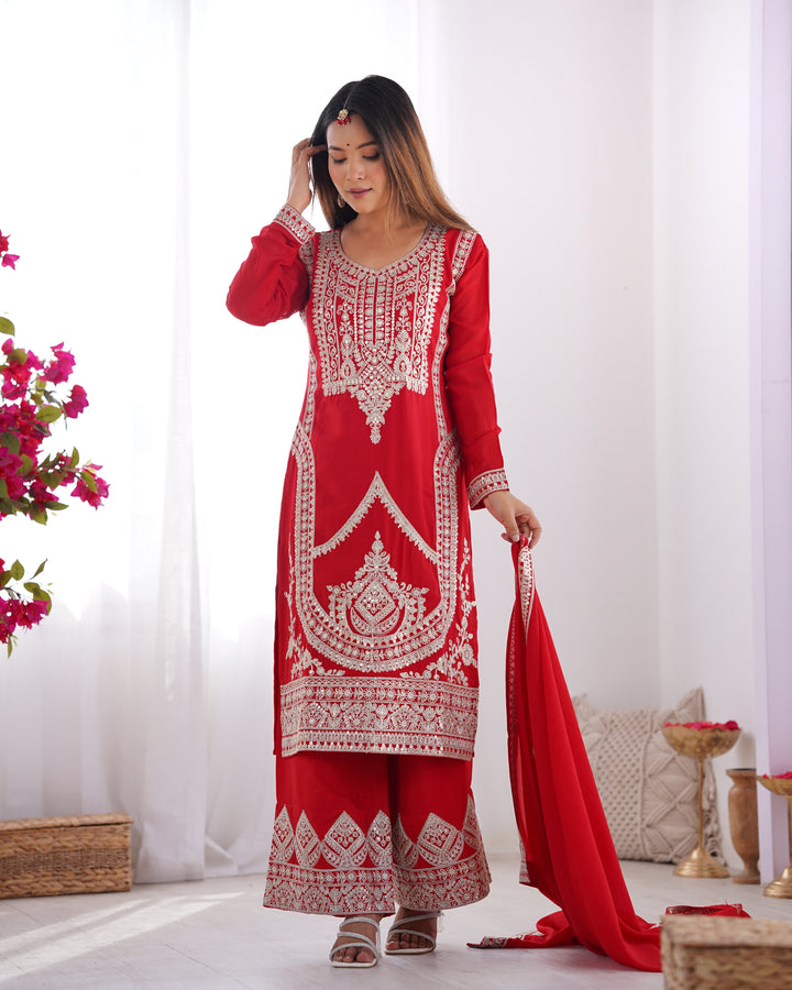 PURE VICHITRA SILK FABRIC STRAIGHT FIT KURTA WITH DUPATTA SET, TROUSERS, READY TO WEAR