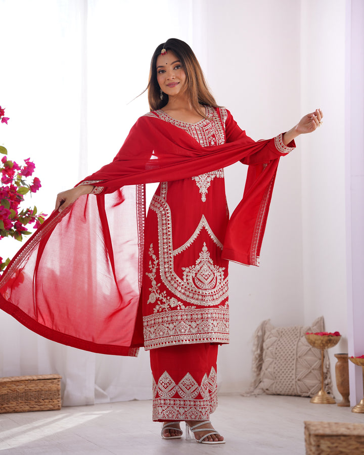 PURE VICHITRA SILK FABRIC STRAIGHT FIT KURTA WITH DUPATTA SET, TROUSERS, READY TO WEAR