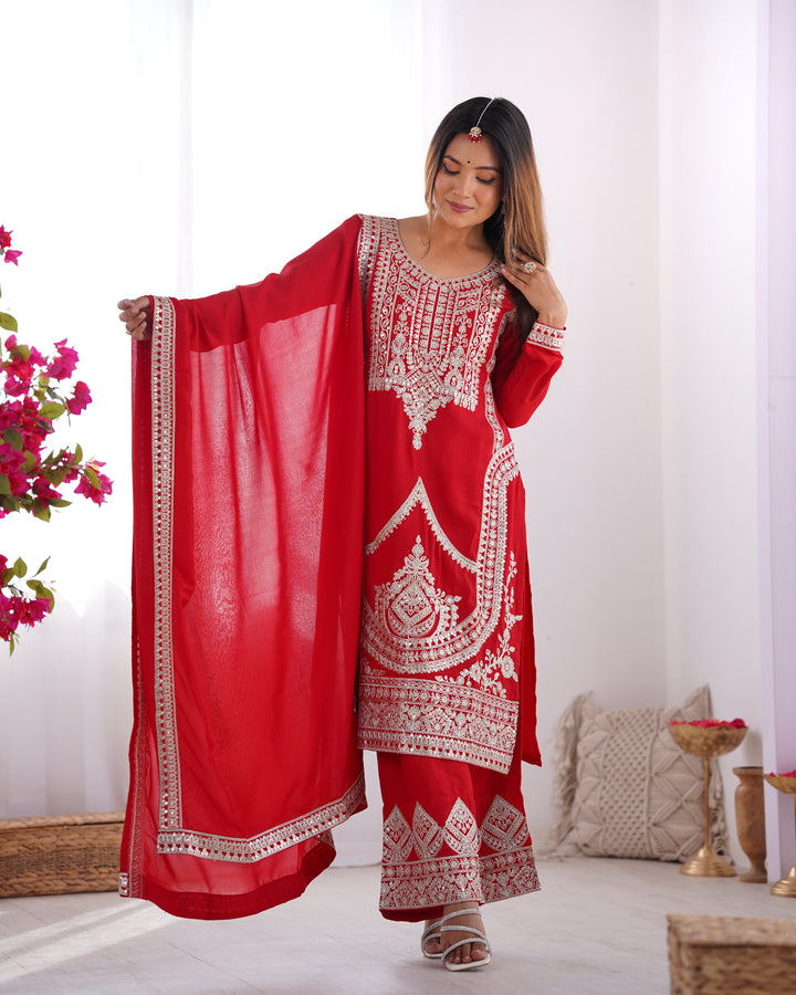 PURE VICHITRA SILK FABRIC STRAIGHT FIT KURTA WITH DUPATTA SET, TROUSERS, READY TO WEAR