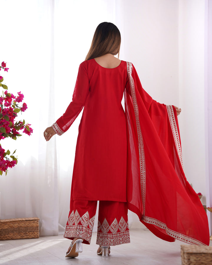 PURE VICHITRA SILK FABRIC STRAIGHT FIT KURTA WITH DUPATTA SET, TROUSERS, READY TO WEAR