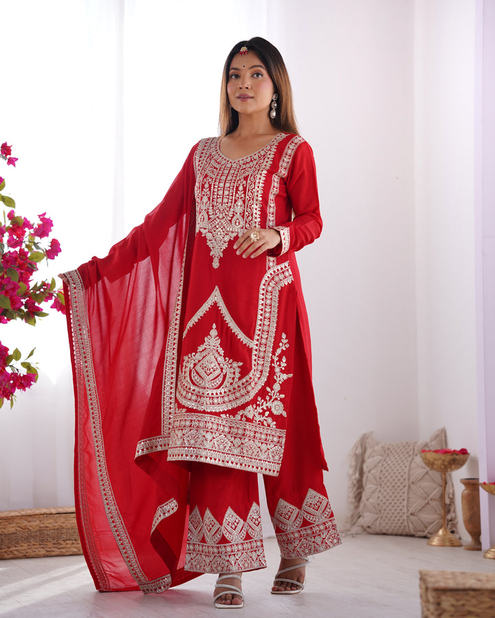 PURE VICHITRA SILK FABRIC STRAIGHT FIT KURTA WITH DUPATTA SET, TROUSERS, READY TO WEAR