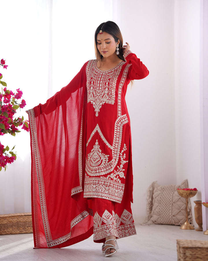 PURE VICHITRA SILK FABRIC STRAIGHT FIT KURTA WITH DUPATTA SET, TROUSERS, READY TO WEAR