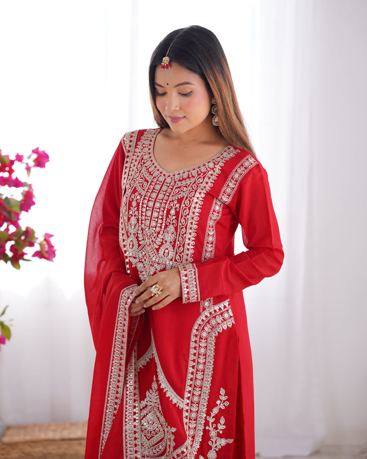 PURE VICHITRA SILK FABRIC STRAIGHT FIT KURTA WITH DUPATTA SET, TROUSERS, READY TO WEAR