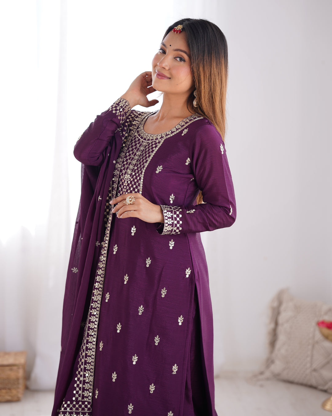 PURE CHINON SILK FABRIC STRAIGHT FIT KURTA WITH DUPATTA SET, TROUSERS, READY TO WEAR