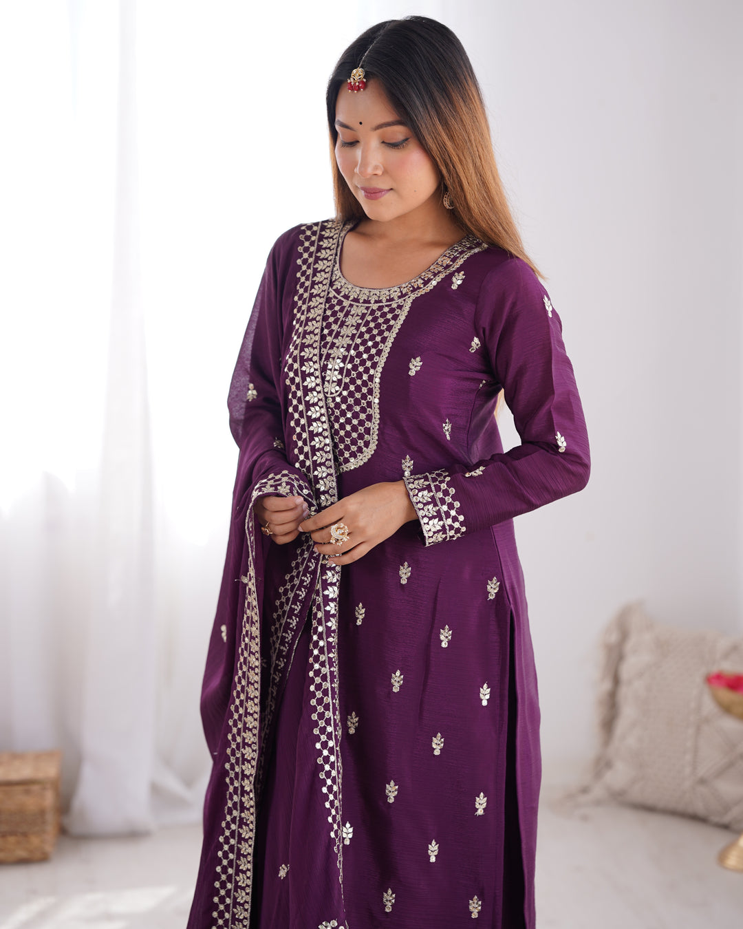 PURE CHINON SILK FABRIC STRAIGHT FIT KURTA WITH DUPATTA SET, TROUSERS, READY TO WEAR