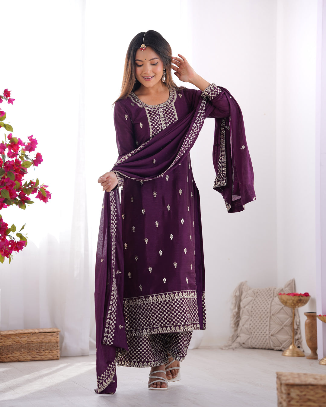 PURE CHINON SILK FABRIC STRAIGHT FIT KURTA WITH DUPATTA SET, TROUSERS, READY TO WEAR