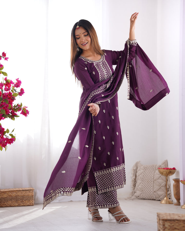 PURE CHINON SILK FABRIC STRAIGHT FIT KURTA WITH DUPATTA SET, TROUSERS, READY TO WEAR