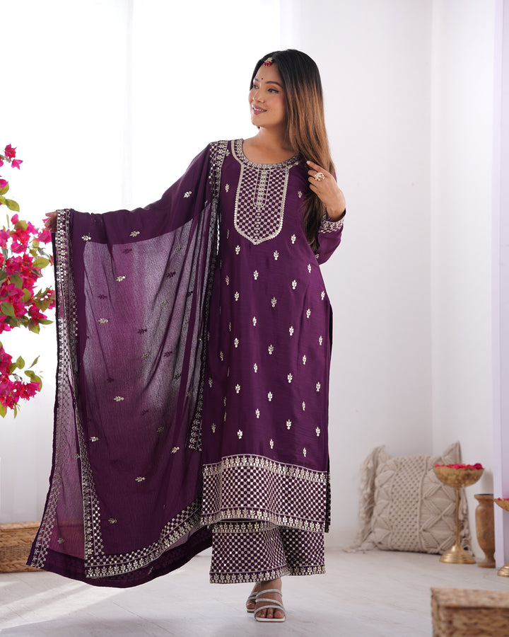 PURE CHINON SILK FABRIC STRAIGHT FIT KURTA WITH DUPATTA SET, TROUSERS, READY TO WEAR