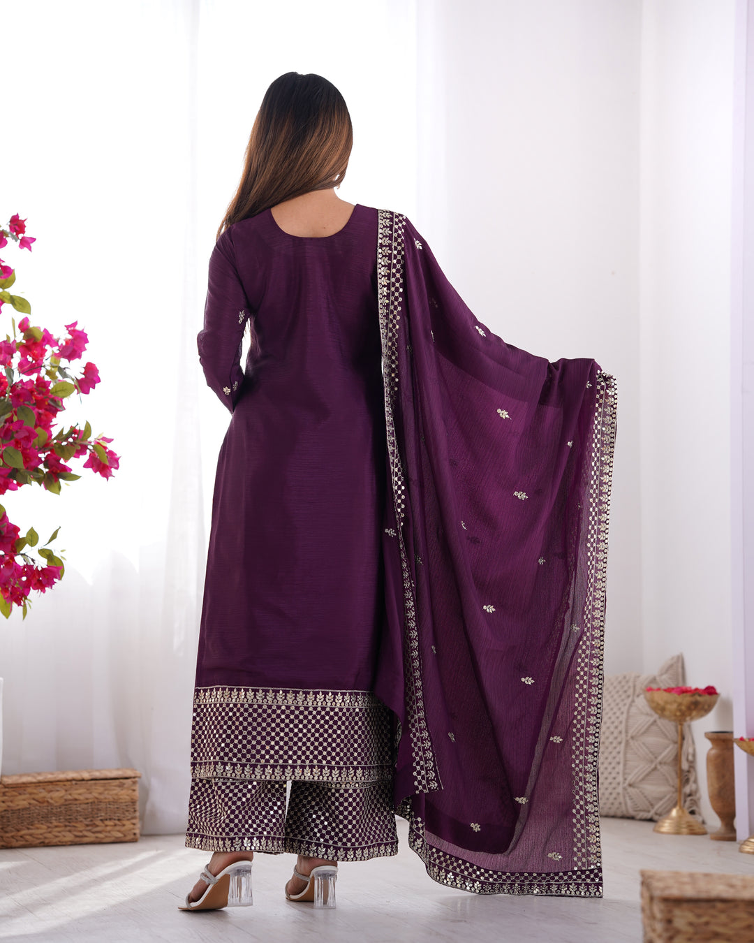 PURE CHINON SILK FABRIC STRAIGHT FIT KURTA WITH DUPATTA SET, TROUSERS, READY TO WEAR