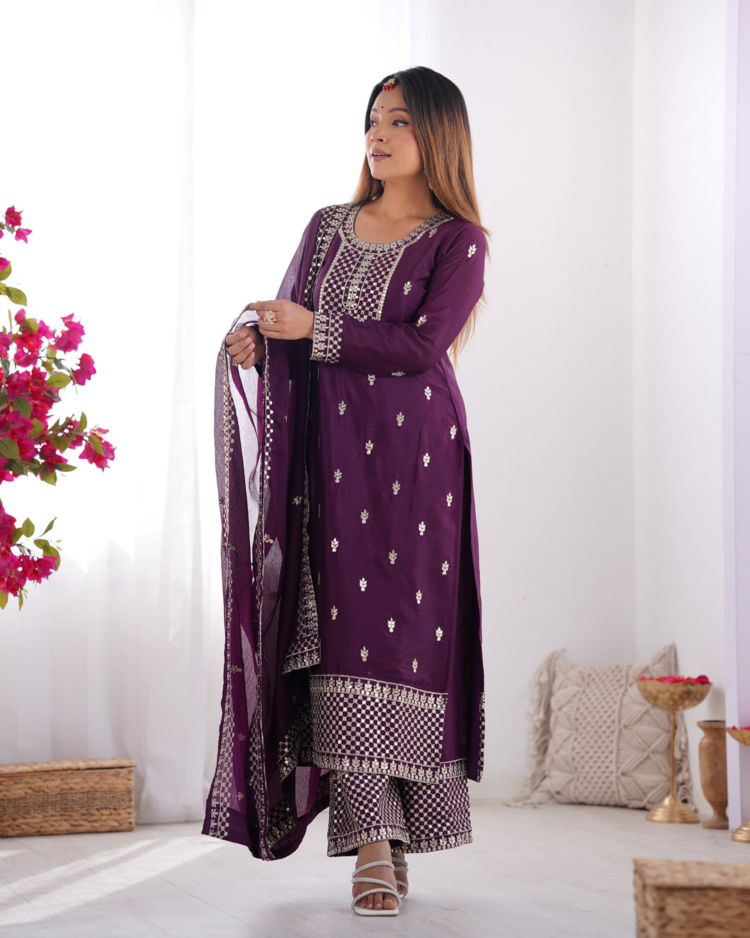 PURE CHINON SILK FABRIC STRAIGHT FIT KURTA WITH DUPATTA SET, TROUSERS, READY TO WEAR
