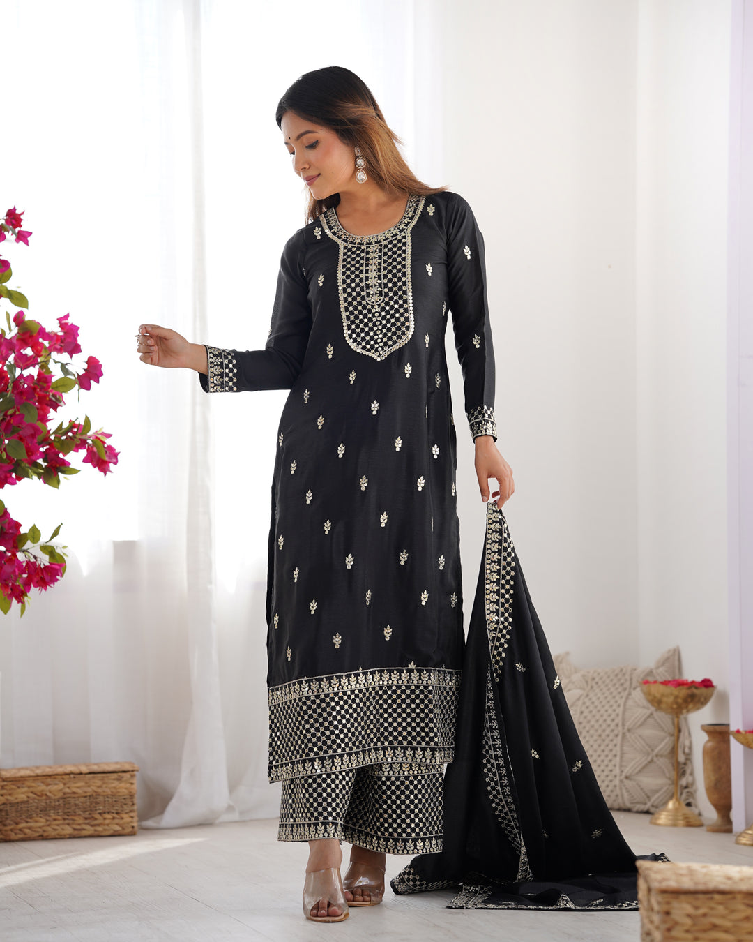 PURE CHINON SILK FABRIC STRAIGHT FIT KURTA WITH DUPATTA SET, TROUSERS, READY TO WEAR