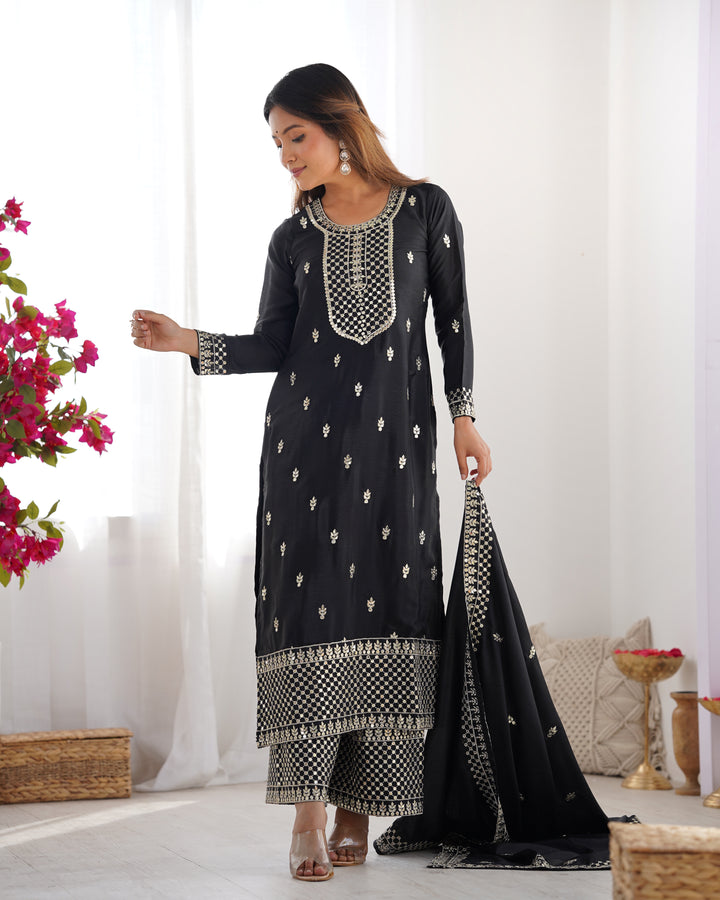 PURE CHINON SILK FABRIC STRAIGHT FIT KURTA WITH DUPATTA SET, TROUSERS, READY TO WEAR