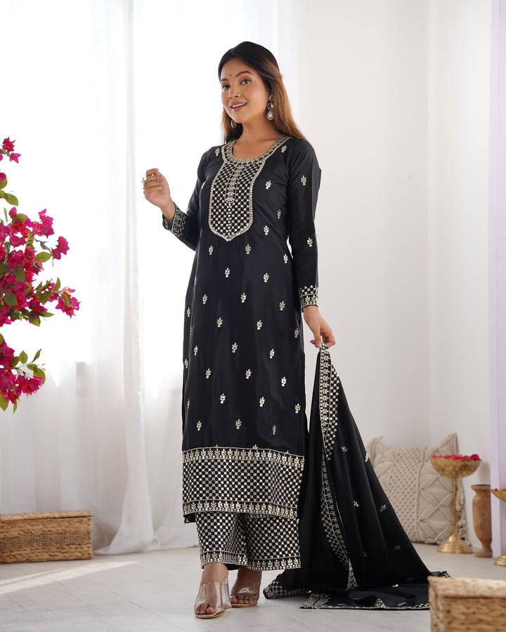 PURE CHINON SILK FABRIC STRAIGHT FIT KURTA WITH DUPATTA SET, TROUSERS, READY TO WEAR