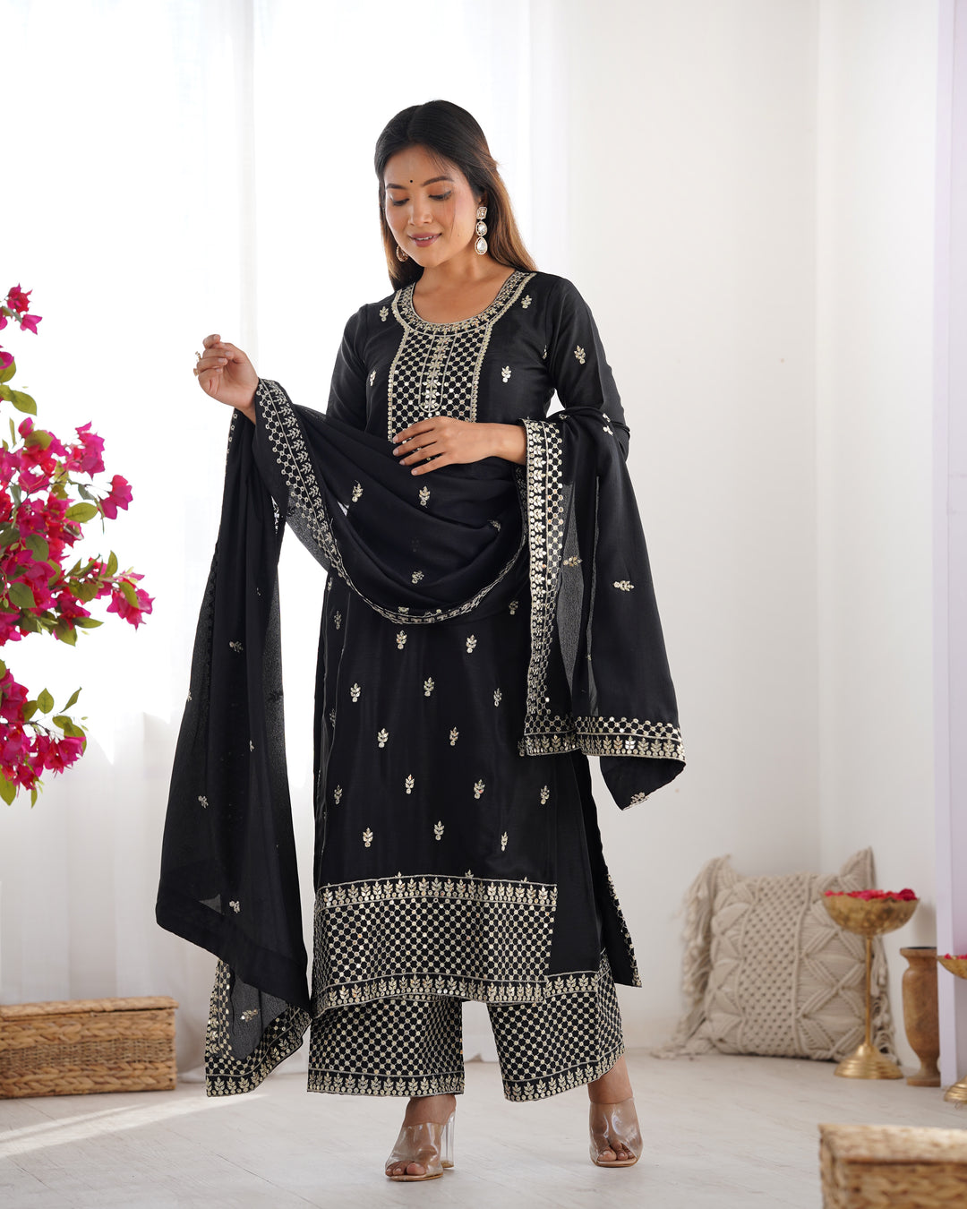 PURE CHINON SILK FABRIC STRAIGHT FIT KURTA WITH DUPATTA SET, TROUSERS, READY TO WEAR