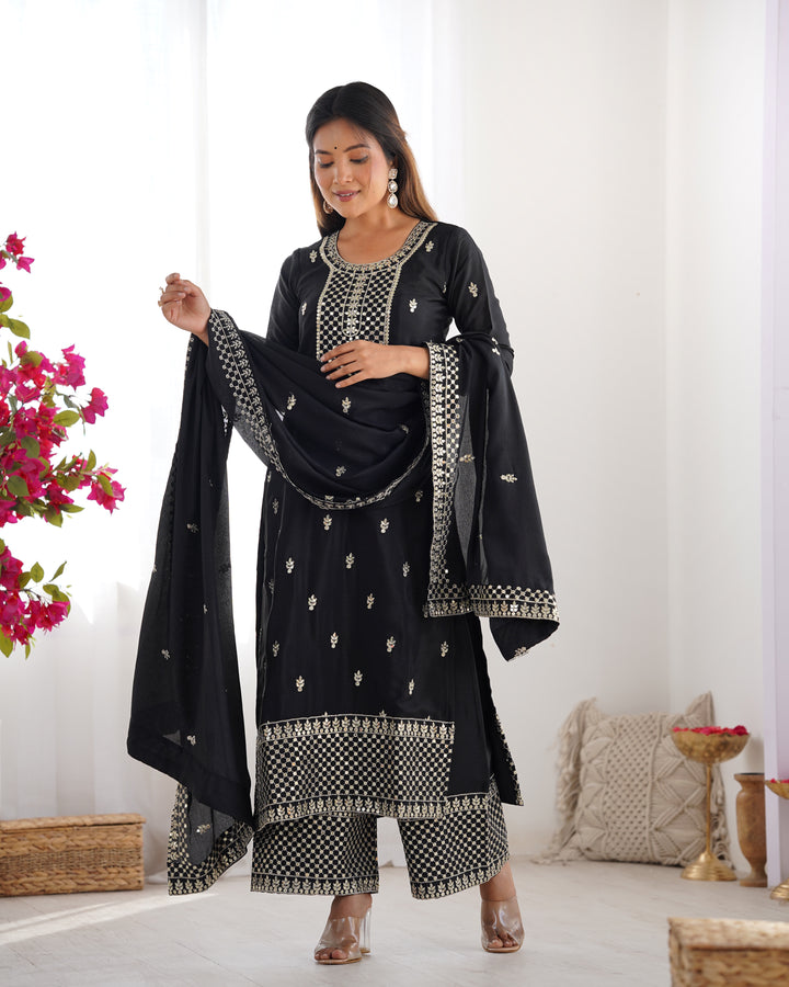 PURE CHINON SILK FABRIC STRAIGHT FIT KURTA WITH DUPATTA SET, TROUSERS, READY TO WEAR