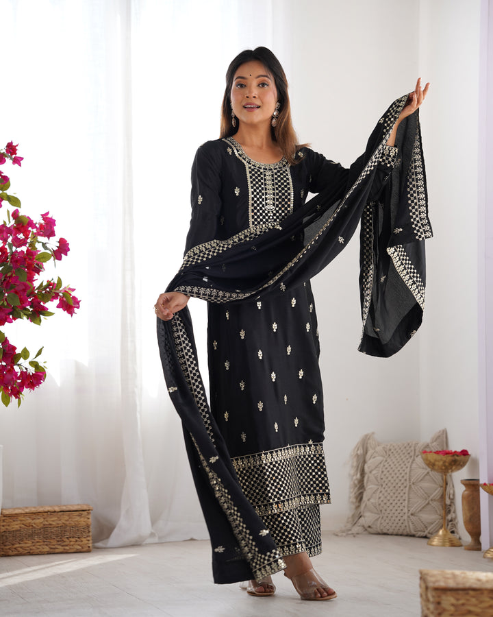 PURE CHINON SILK FABRIC STRAIGHT FIT KURTA WITH DUPATTA SET, TROUSERS, READY TO WEAR