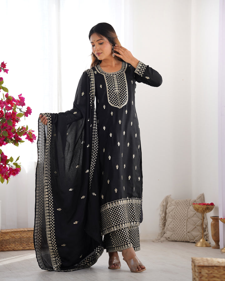 PURE CHINON SILK FABRIC STRAIGHT FIT KURTA WITH DUPATTA SET, TROUSERS, READY TO WEAR