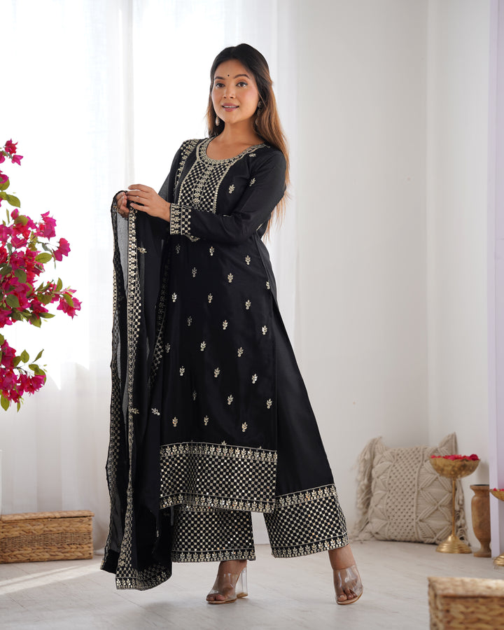 PURE CHINON SILK FABRIC STRAIGHT FIT KURTA WITH DUPATTA SET, TROUSERS, READY TO WEAR