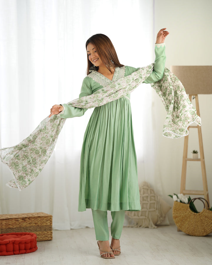 Pure Soft Heavy Roman silk Chanderi Nyra Cut Kurta Set with Dupatta & Pants