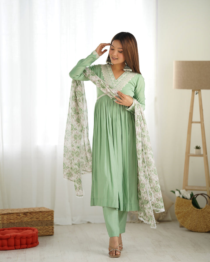 Pure Soft Heavy Roman silk Chanderi Nyra Cut Kurta Set with Dupatta & Pants