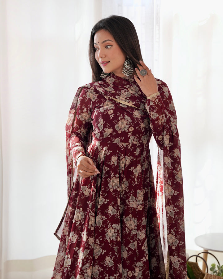 PURE FOX GEORGETTE MULTI FLORAL PRINT FABRIC FULLY FLAIR ANARKALI, WITH DUPATTA SET, PENT READY TO WEAR