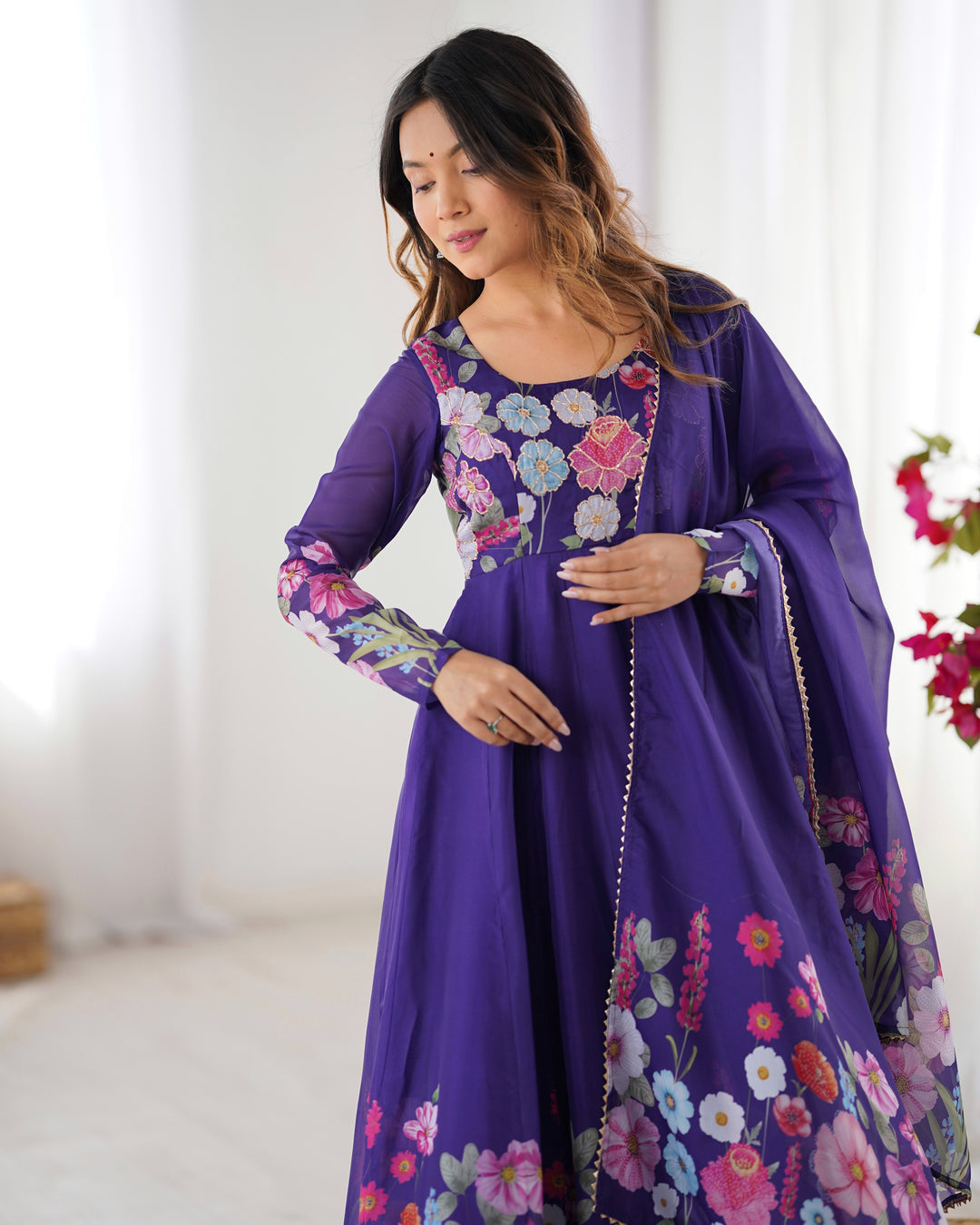 PRINTED ORGANJA ANARKALI SUIT SET WITH JARI WORK