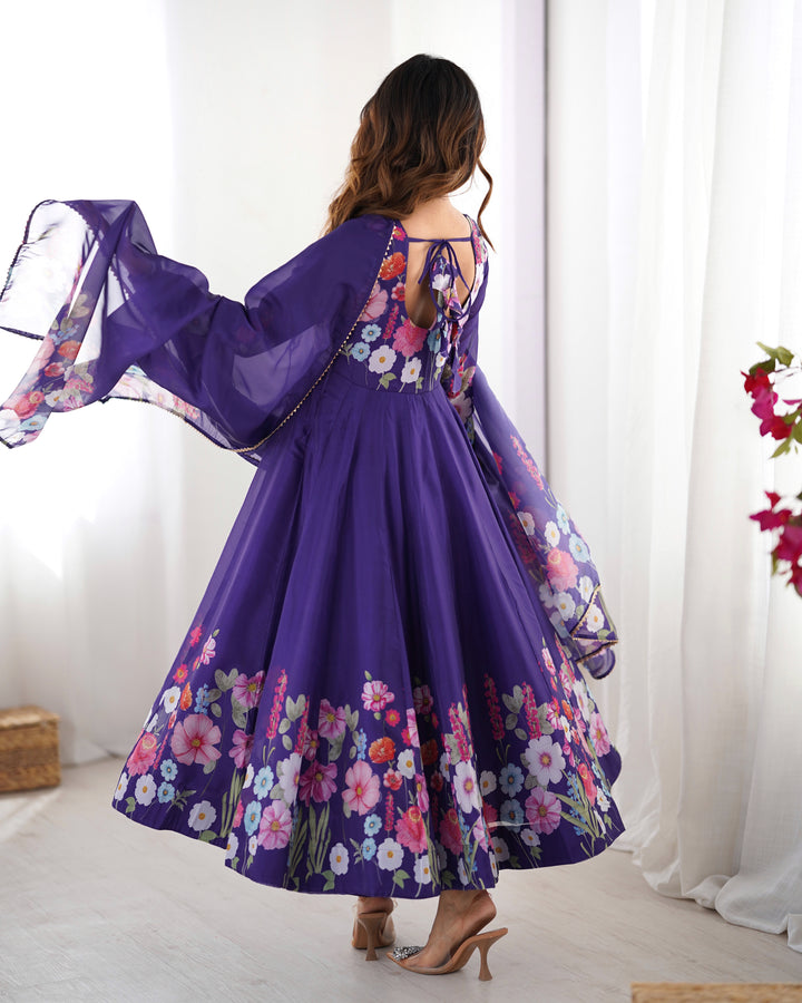 PRINTED ORGANJA ANARKALI SUIT SET WITH JARI WORK