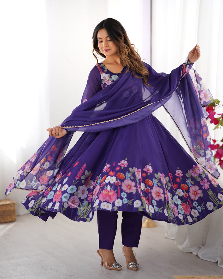 PRINTED ORGANJA ANARKALI SUIT SET WITH JARI WORK