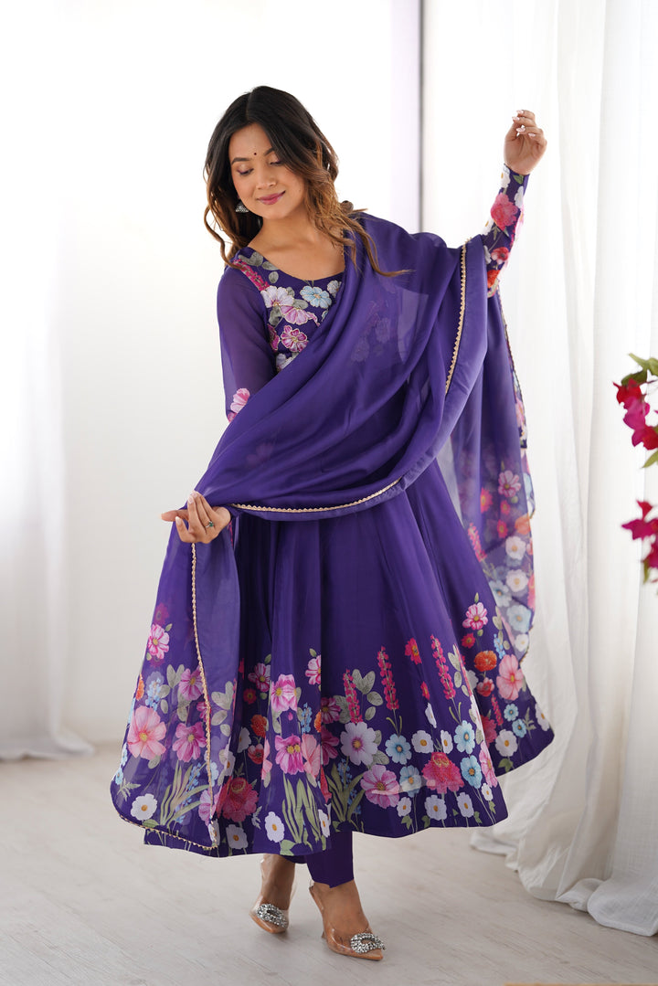 PRINTED ORGANJA ANARKALI SUIT SET WITH JARI WORK