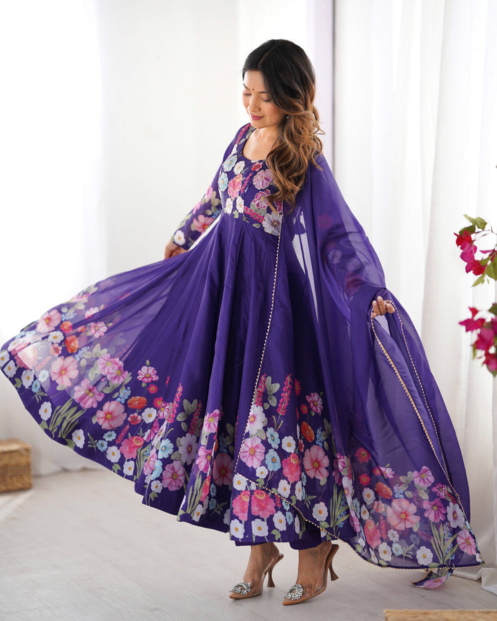 PRINTED ORGANJA ANARKALI SUIT SET WITH JARI WORK