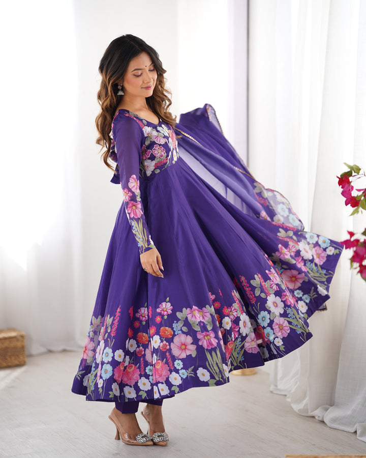 PRINTED ORGANJA ANARKALI SUIT SET WITH JARI WORK