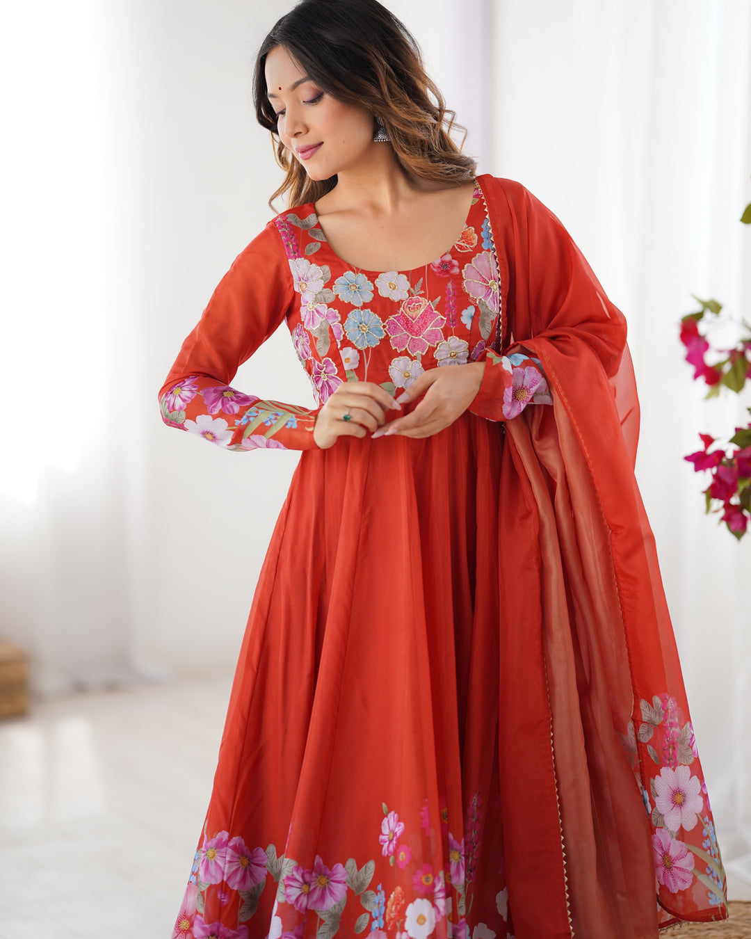 PRINTED ORGANJA ANARKALI SUIT SET WITH JARI WORK