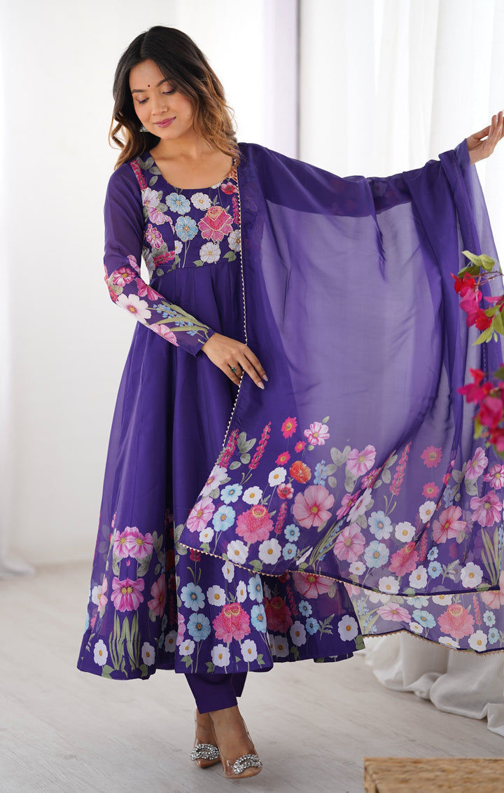 PRINTED ORGANJA ANARKALI SUIT SET WITH JARI WORK