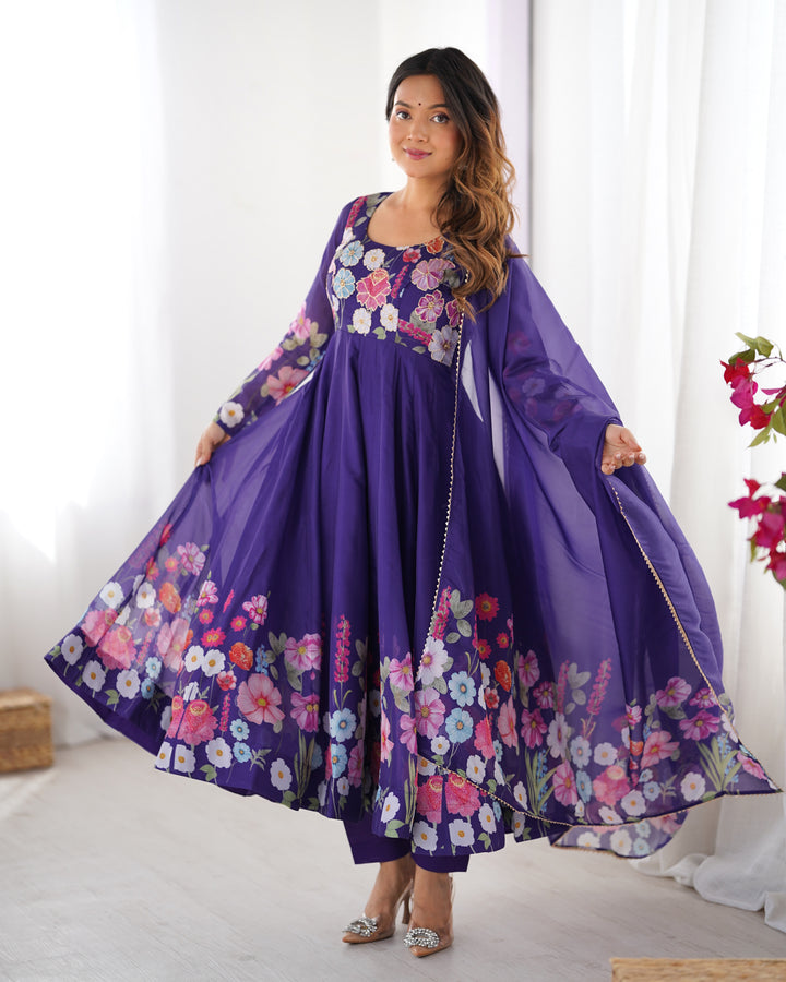 PRINTED ORGANJA ANARKALI SUIT SET WITH JARI WORK