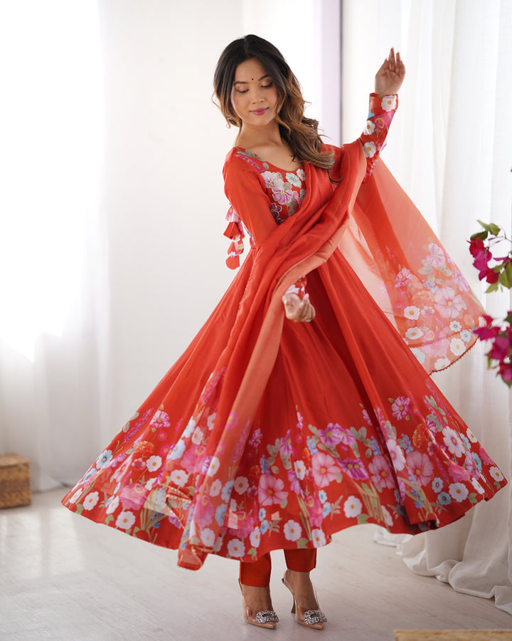 PRINTED ORGANJA ANARKALI SUIT SET WITH JARI WORK