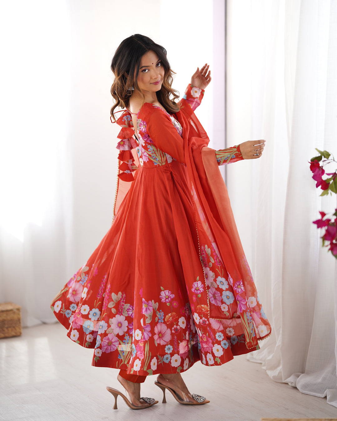 PRINTED ORGANJA ANARKALI SUIT SET WITH JARI WORK