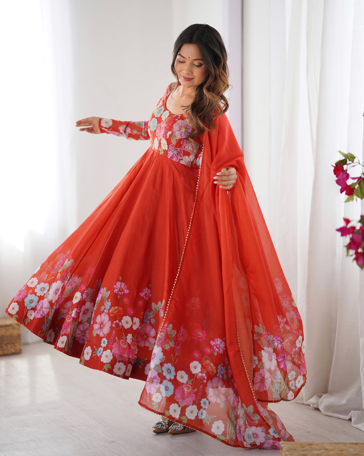 PRINTED ORGANJA ANARKALI SUIT SET WITH JARI WORK