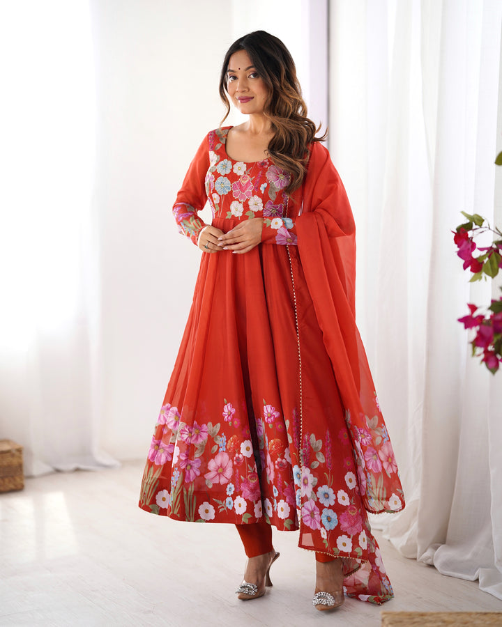 PRINTED ORGANJA ANARKALI SUIT SET WITH JARI WORK