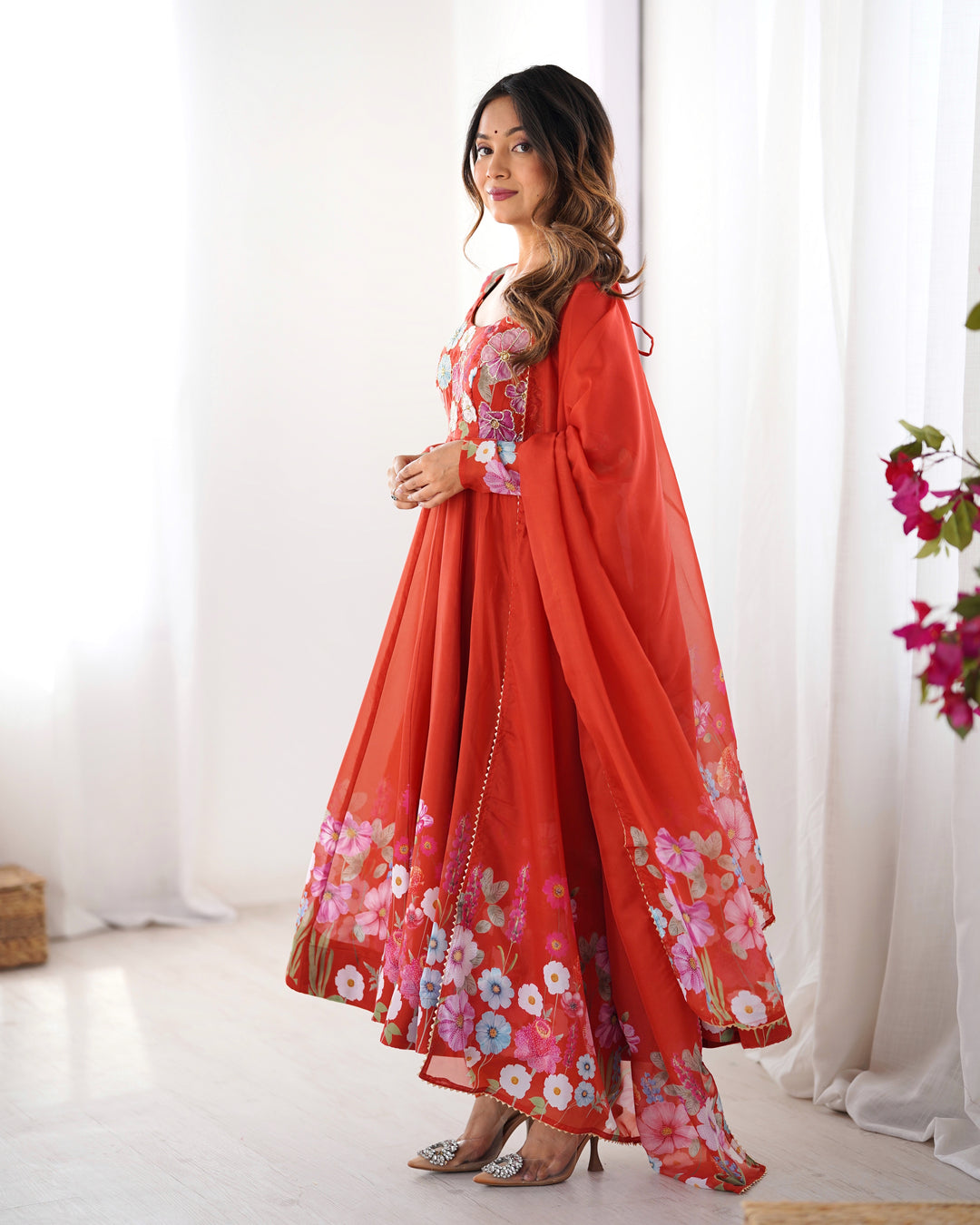 PRINTED ORGANJA ANARKALI SUIT SET WITH JARI WORK