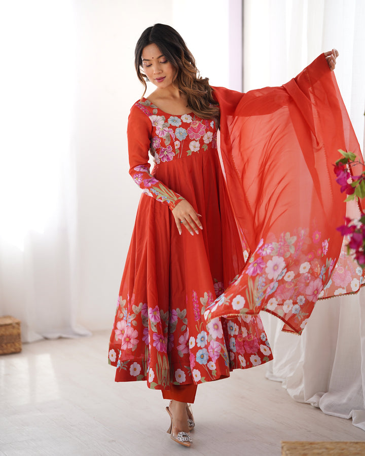 PRINTED ORGANJA ANARKALI SUIT SET WITH JARI WORK