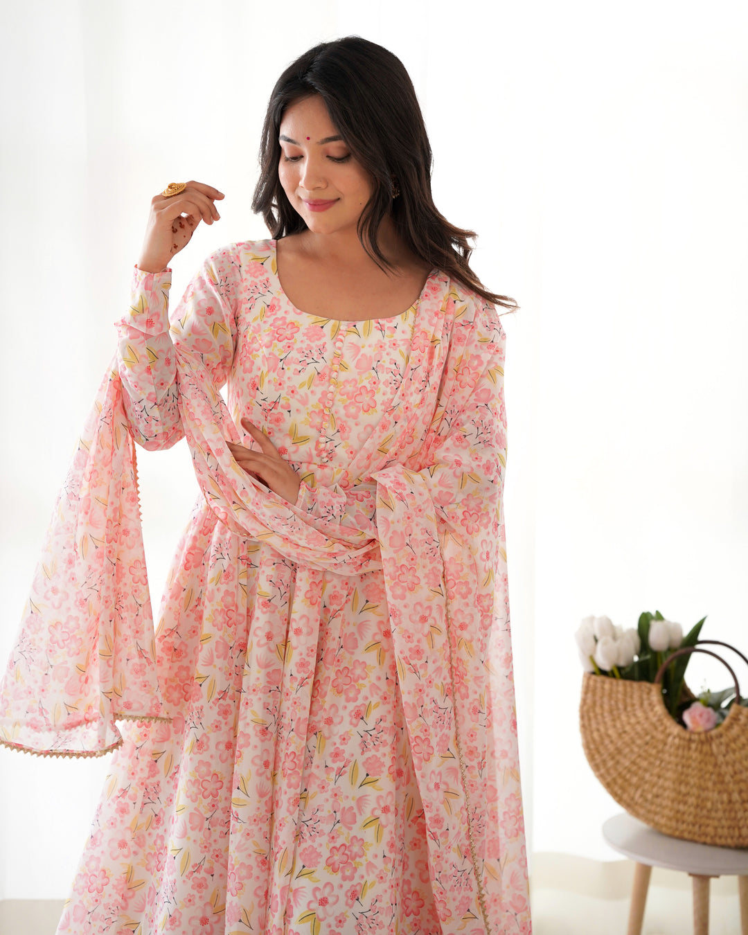 PURE ORANGE CHIFFON FLORAL PRINT FABRIC FULLY FLAIR ANARKALI, WITH DUPTTA SET, PENT READY TO WEAR