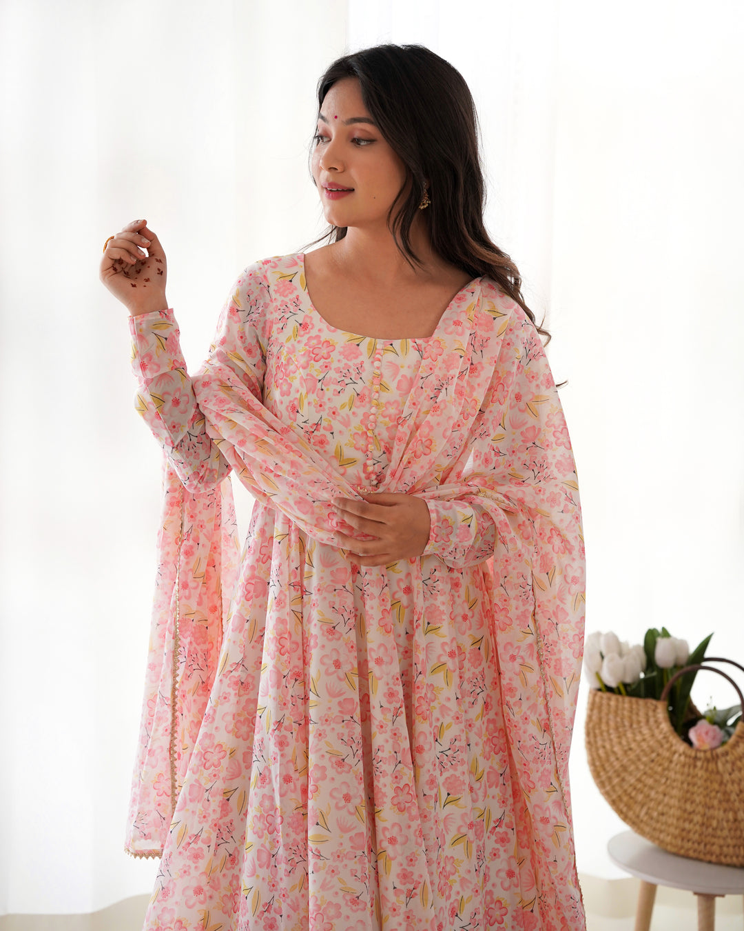 PURE ORANGE CHIFFON FLORAL PRINT FABRIC FULLY FLAIR ANARKALI, WITH DUPTTA SET, PENT READY TO WEAR