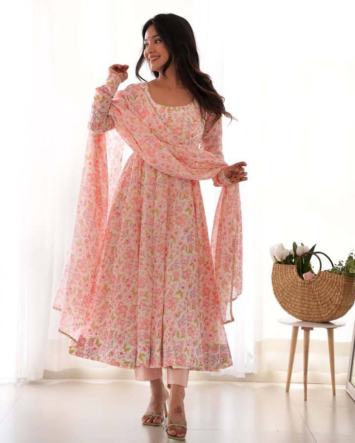 PURE ORANGE CHIFFON FLORAL PRINT FABRIC FULLY FLAIR ANARKALI, WITH DUPTTA SET, PENT READY TO WEAR