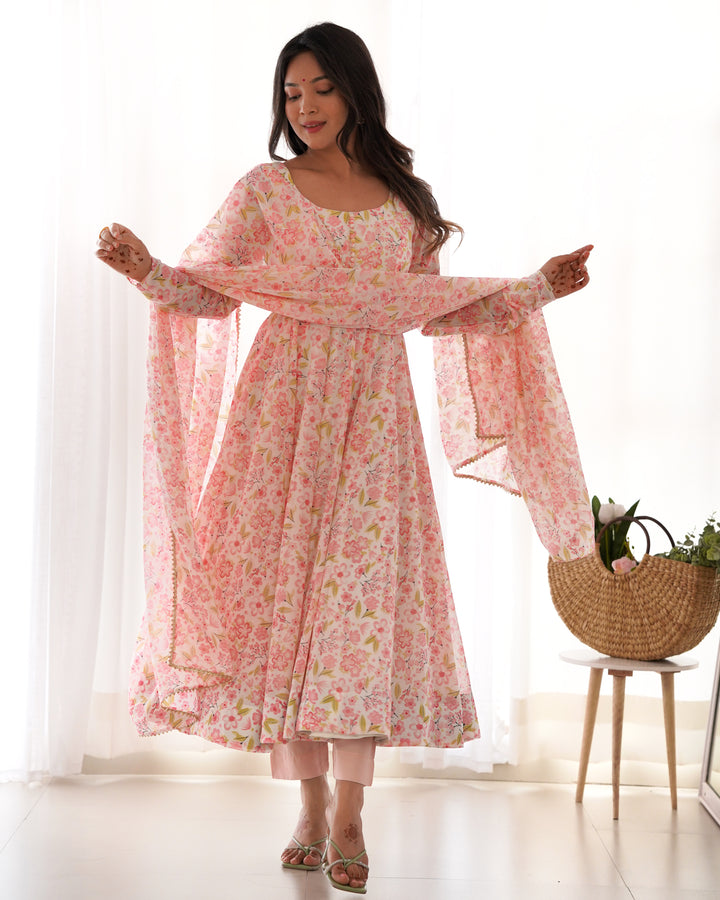 PURE ORANGE CHIFFON FLORAL PRINT FABRIC FULLY FLAIR ANARKALI, WITH DUPTTA SET, PENT READY TO WEAR
