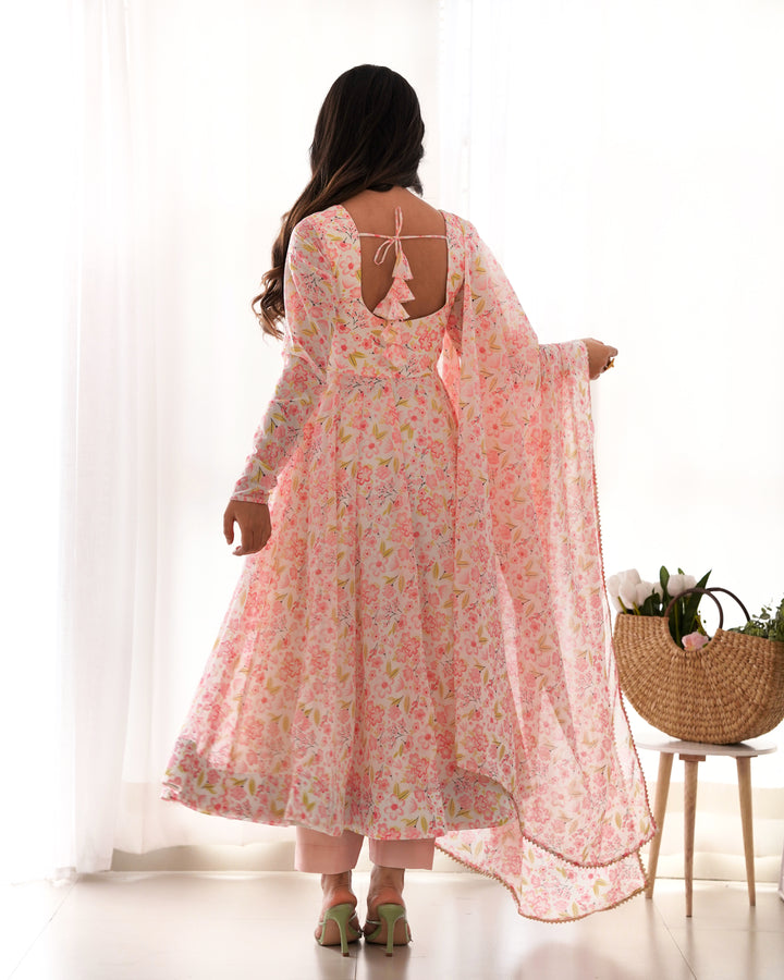 PURE ORANGE CHIFFON FLORAL PRINT FABRIC FULLY FLAIR ANARKALI, WITH DUPTTA SET, PENT READY TO WEAR