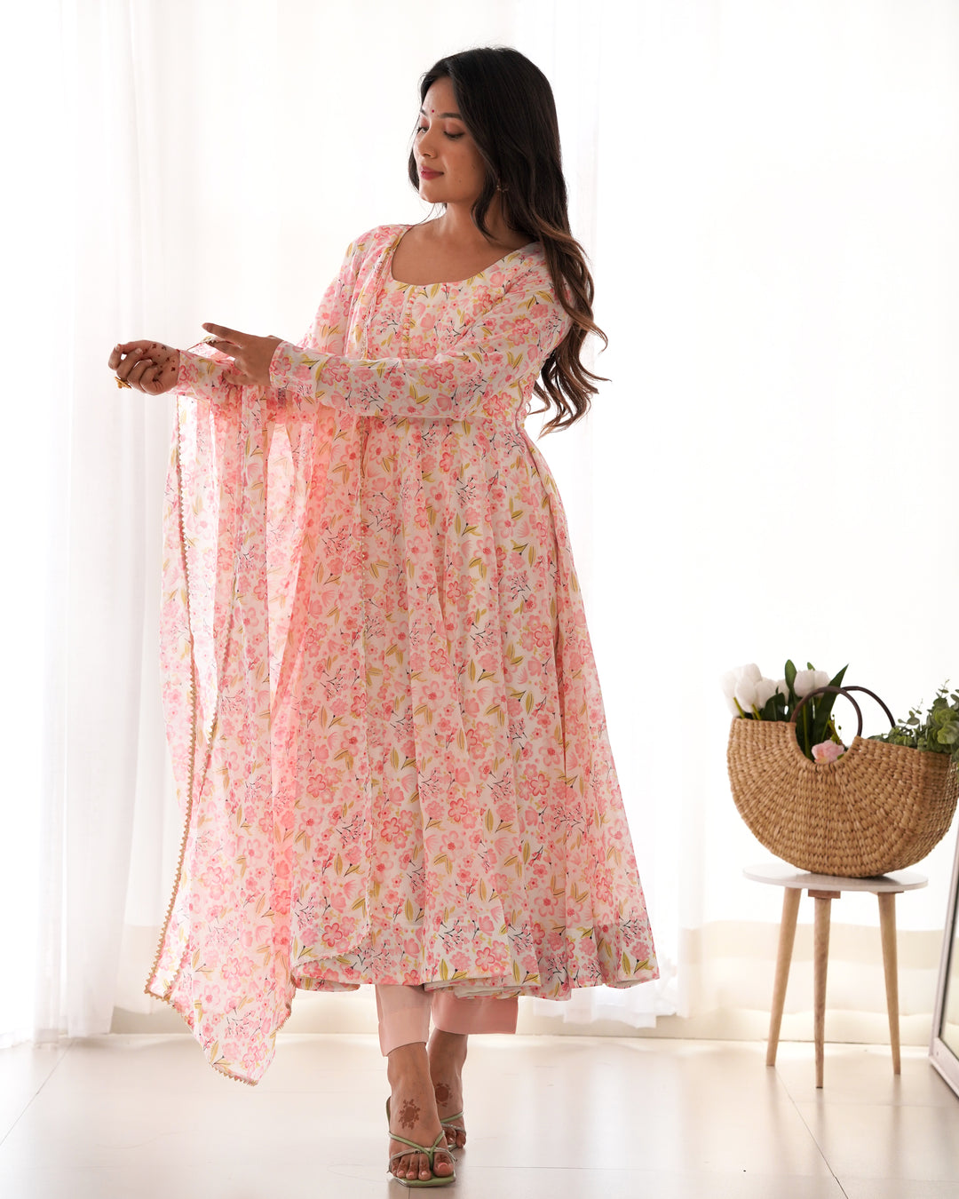 PURE ORANGE CHIFFON FLORAL PRINT FABRIC FULLY FLAIR ANARKALI, WITH DUPTTA SET, PENT READY TO WEAR