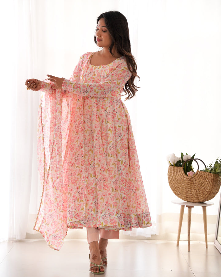 PURE ORANGE CHIFFON FLORAL PRINT FABRIC FULLY FLAIR ANARKALI, WITH DUPTTA SET, PENT READY TO WEAR