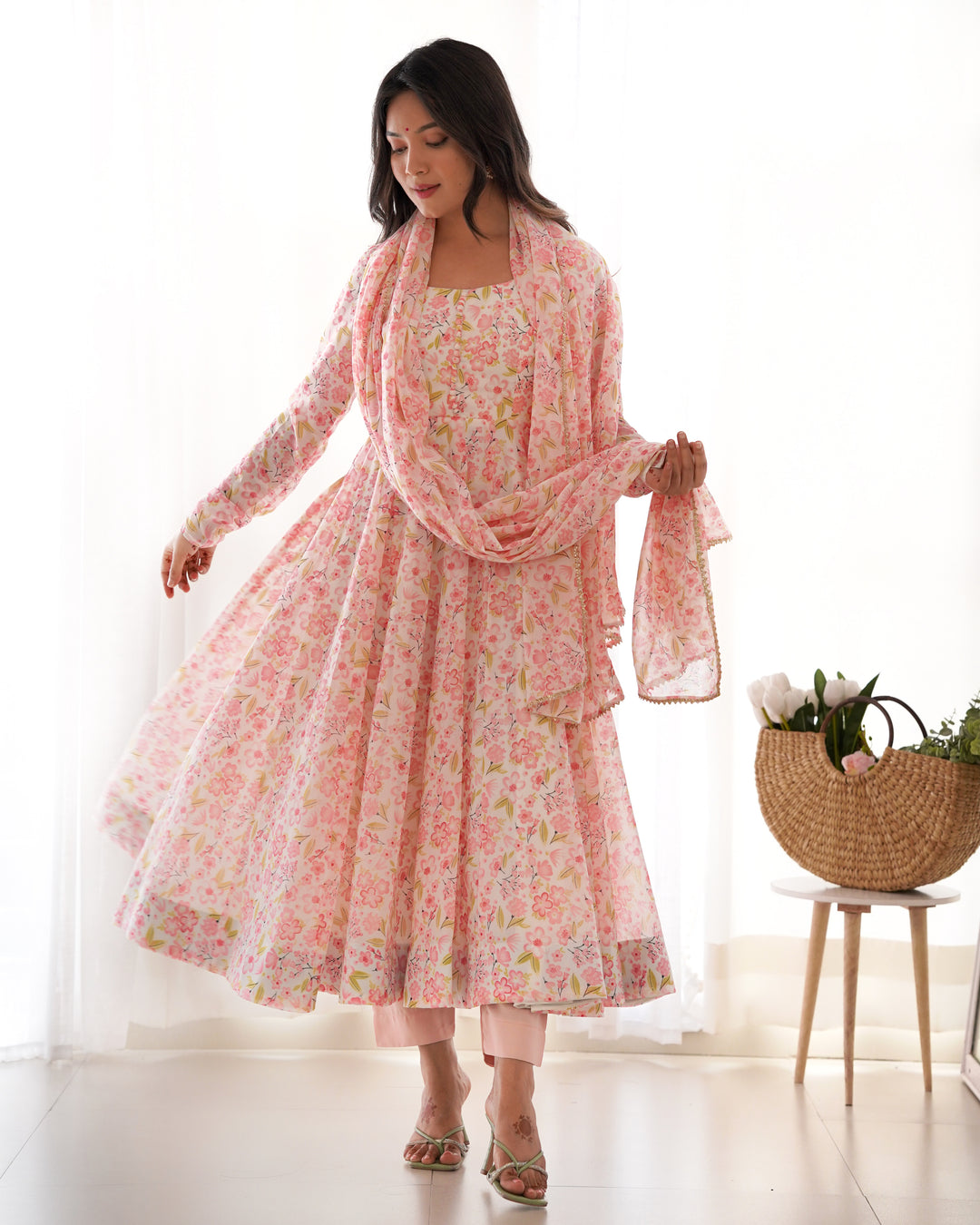 PURE ORANGE CHIFFON FLORAL PRINT FABRIC FULLY FLAIR ANARKALI, WITH DUPTTA SET, PENT READY TO WEAR
