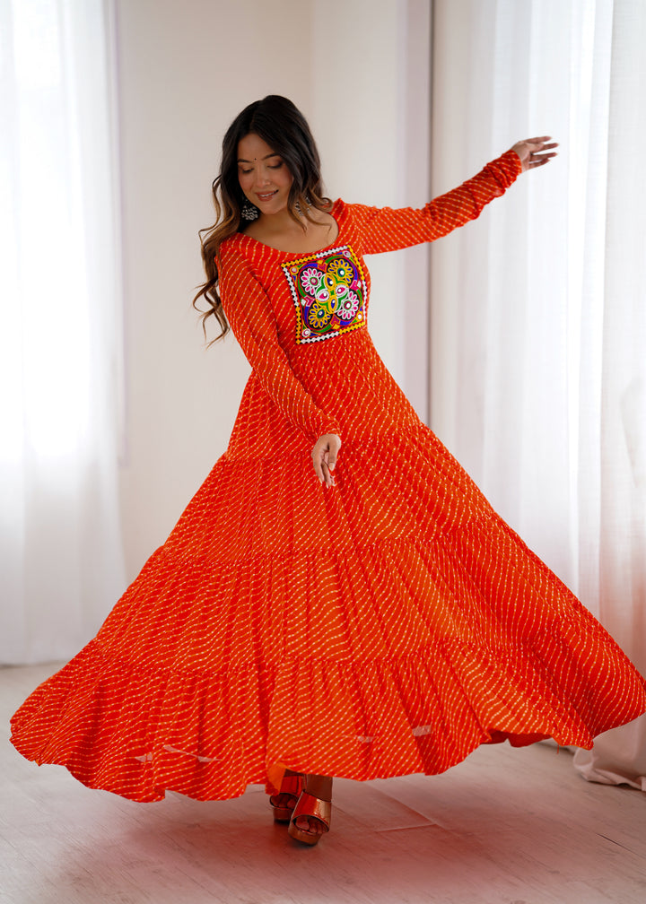 PURE SOFT FOX GEORGETTE LAHERIYA PRINT FABRIC FULLY FLAIR ANARKALI FULLY STTICHED GOWN READY TO WEAR