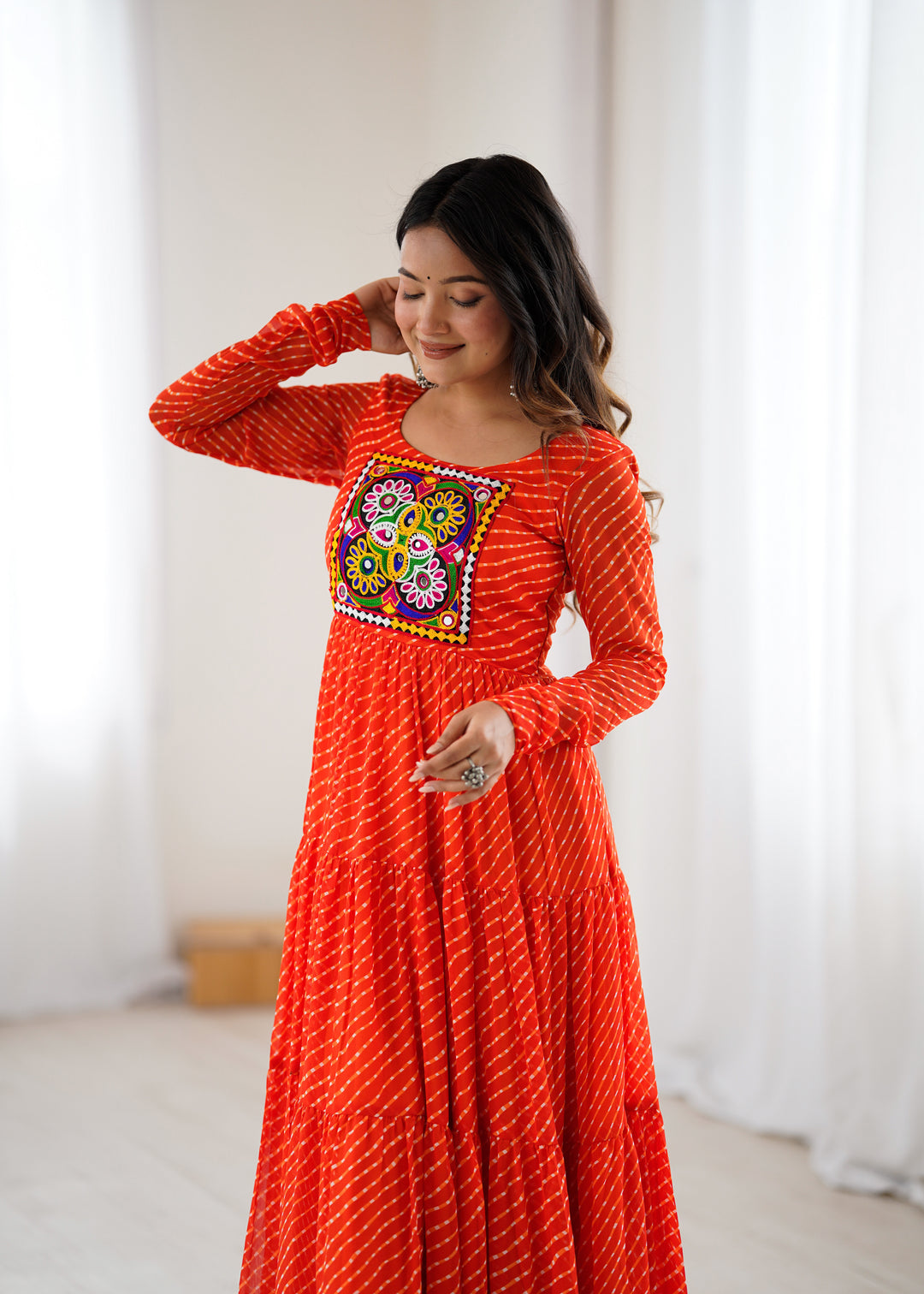 PURE SOFT FOX GEORGETTE LAHERIYA PRINT FABRIC FULLY FLAIR ANARKALI FULLY STTICHED GOWN READY TO WEAR